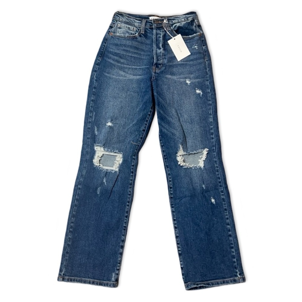 Cello High Rise Boyfriend Jeans in Dark Blue with distressed details Size 3 NWT